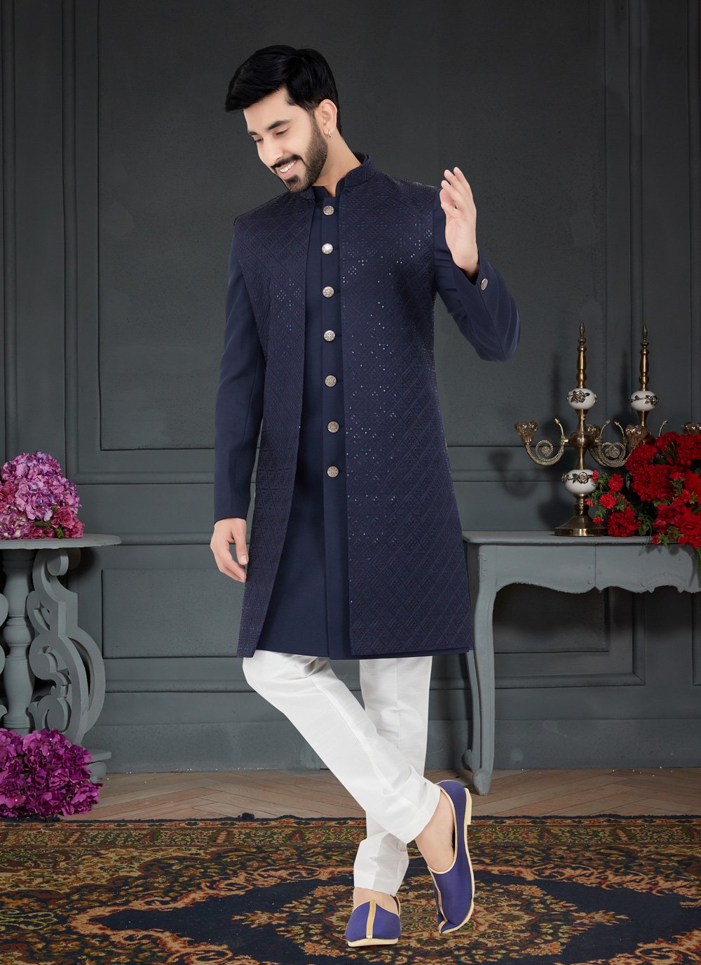 Indo Western Fancy Fabric Blue Embroidered Mens