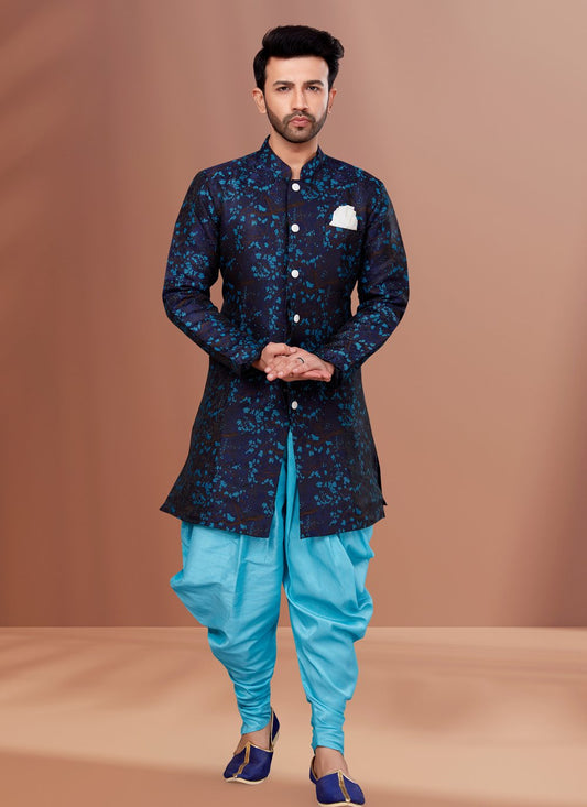 Indo Western Jacquard Blue Fancy Work Mens