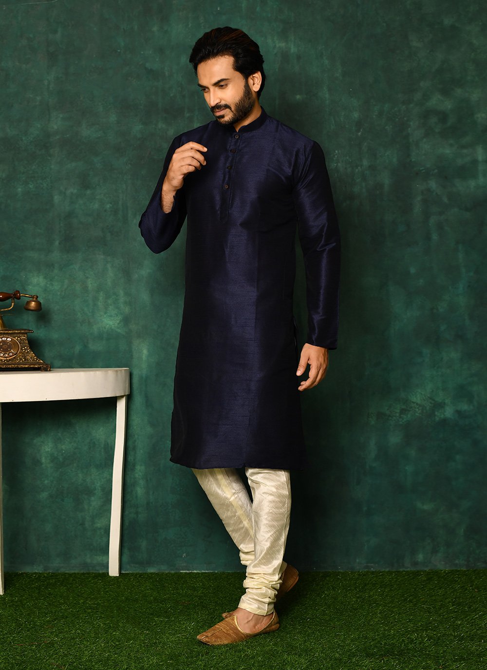 Kurta Pyjama Art Silk Blue Fancy Work Mens