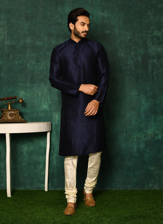 Kurta Pyjama Art Silk Blue Fancy Work Mens