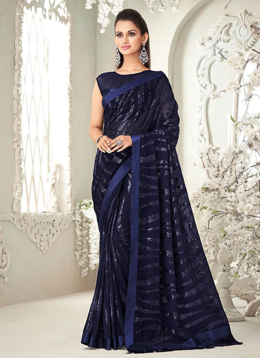 Trendy Saree Georgette Blue Fancy Work Saree