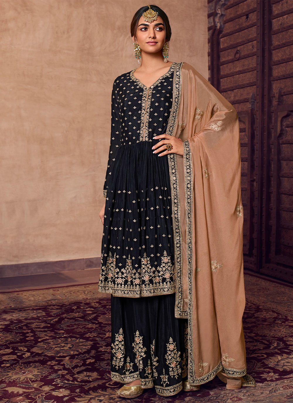 Palazzo Salwar Suit Faux Chiffon Blue Embroidered Salwar Kameez