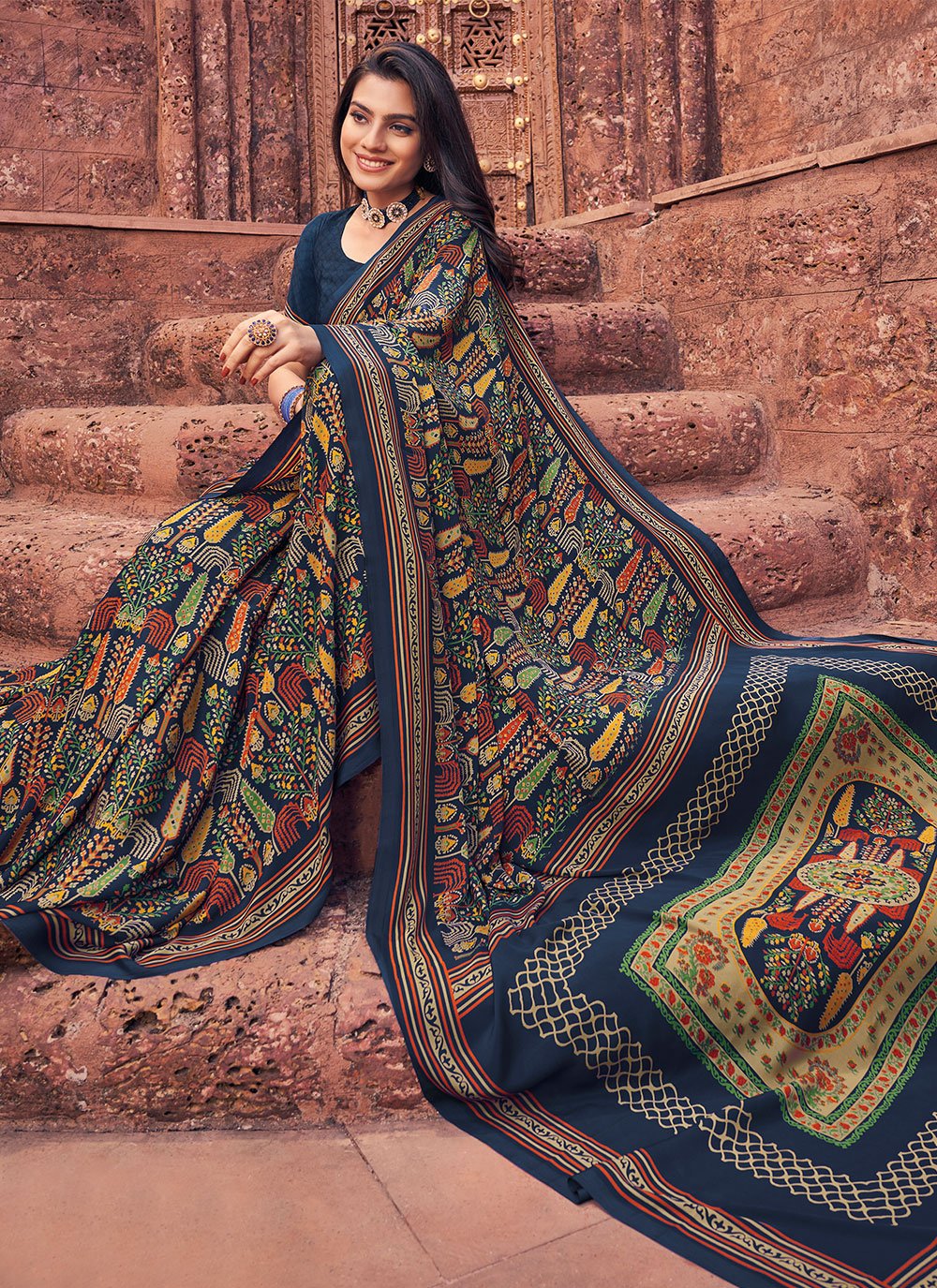 Contemporary Faux Crepe Blue Print Saree