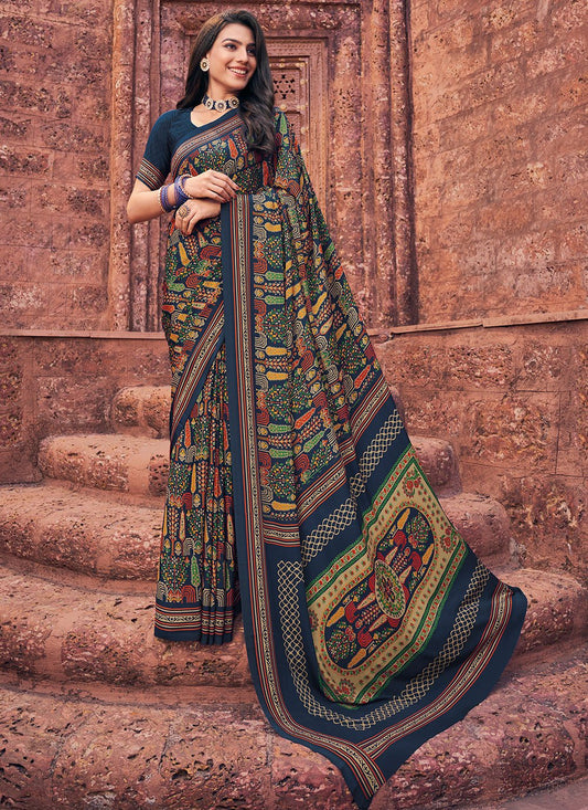 Contemporary Faux Crepe Blue Print Saree