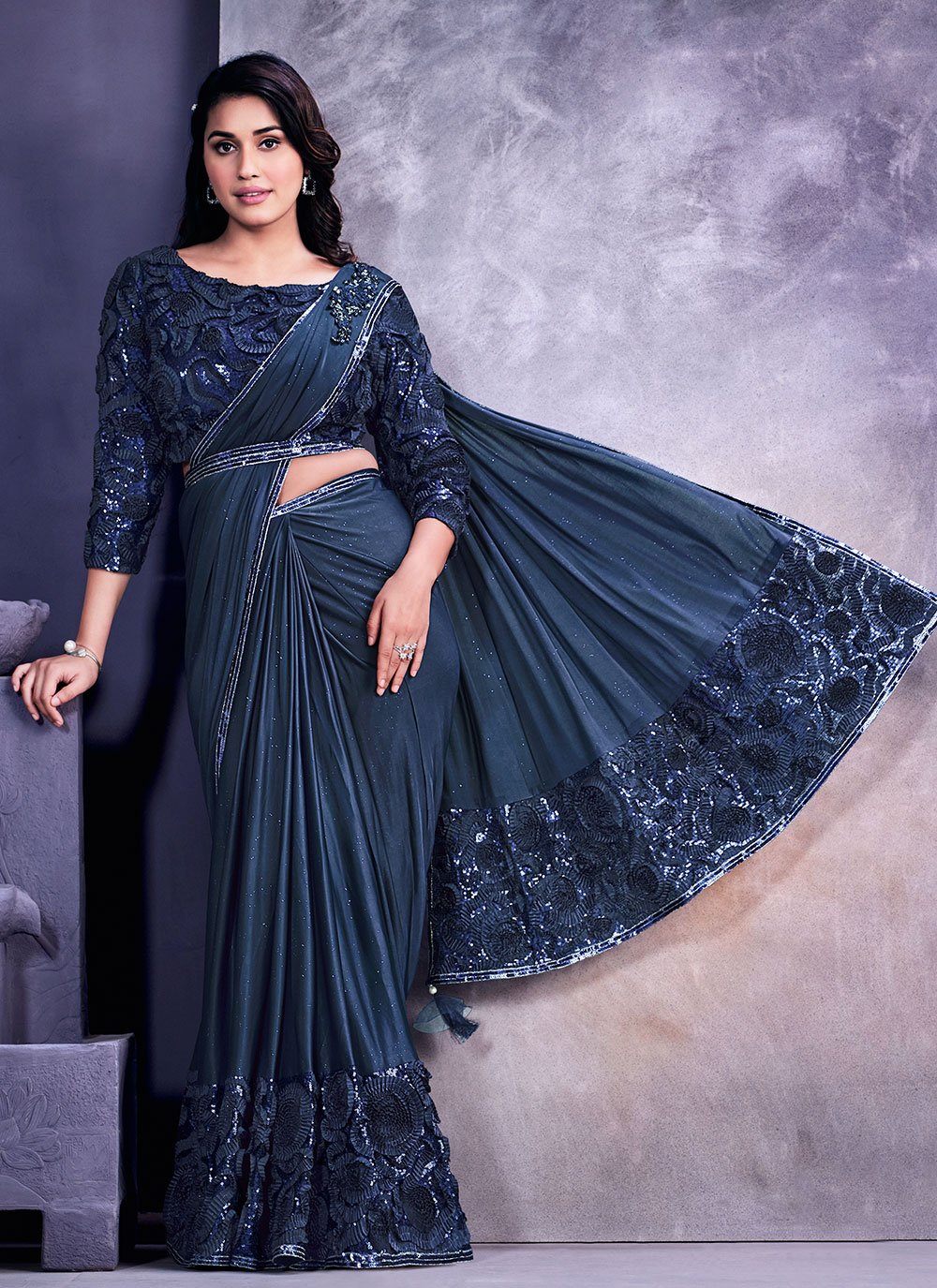 Classic Faux Crepe Blue Applique Work Saree