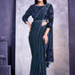 Classic Faux Crepe Blue Applique Work Saree