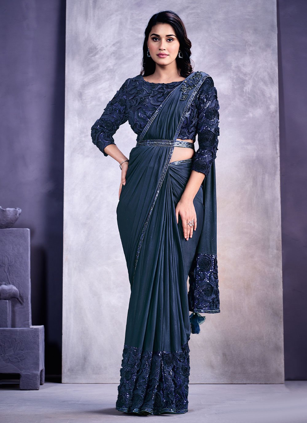 Classic Faux Crepe Blue Applique Work Saree