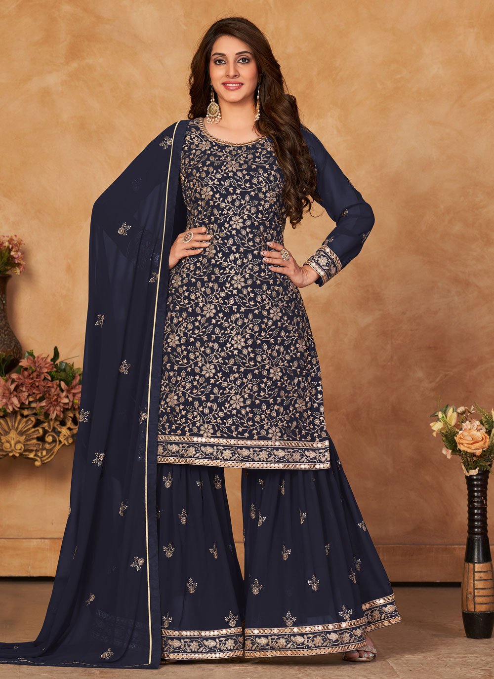 Salwar Suit Faux Georgette Blue Embroidered Salwar Kameez