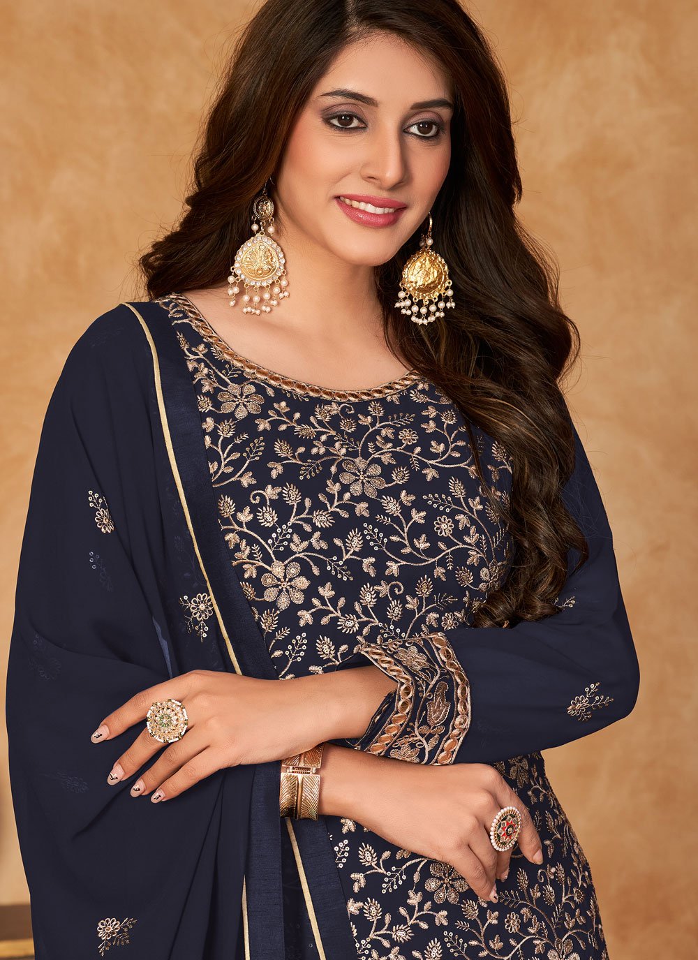 Salwar Suit Faux Georgette Blue Embroidered Salwar Kameez