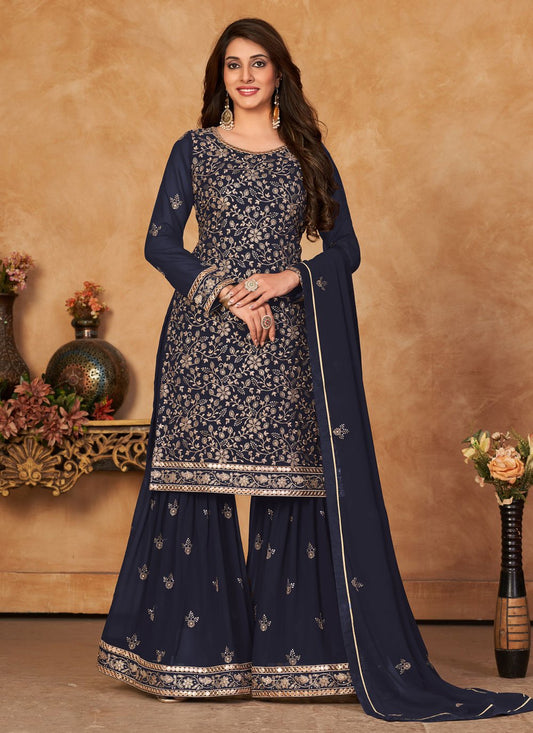 Salwar Suit Faux Georgette Blue Embroidered Salwar Kameez