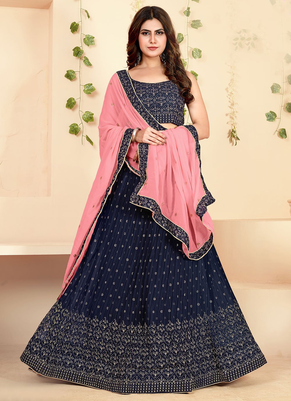 A Line Lehenga Georgette Blue Foil Print Lehenga Choli