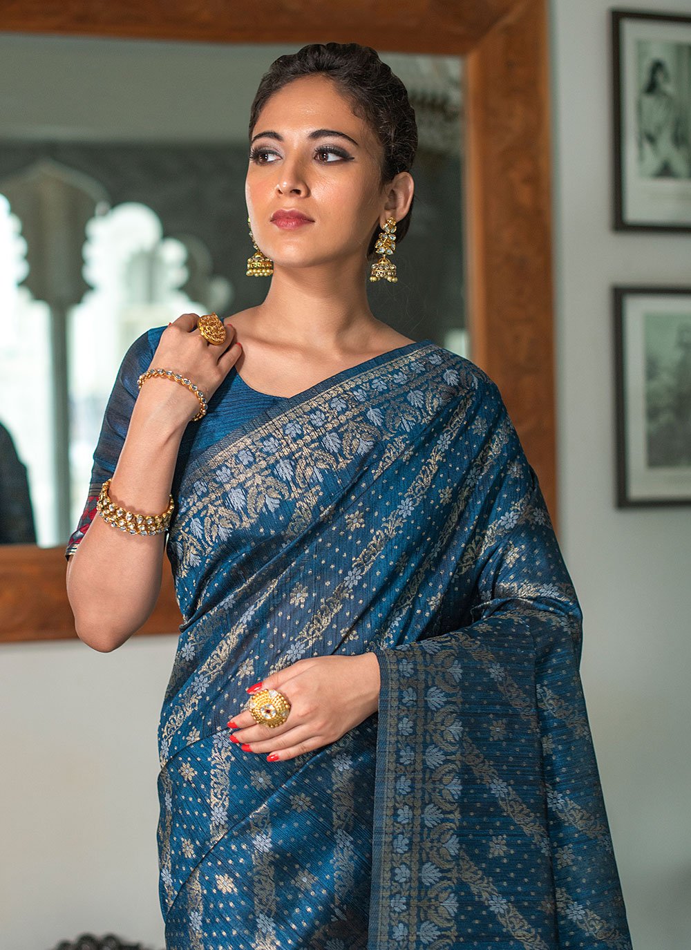 Contemporary Tussar Silk Blue Woven Saree