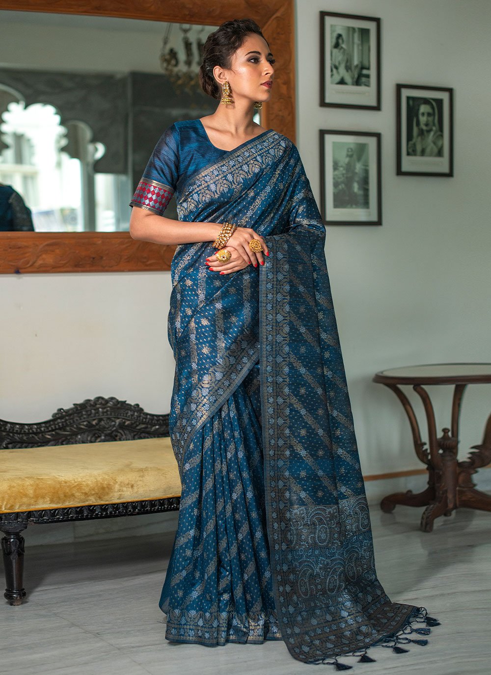 Contemporary Tussar Silk Blue Woven Saree