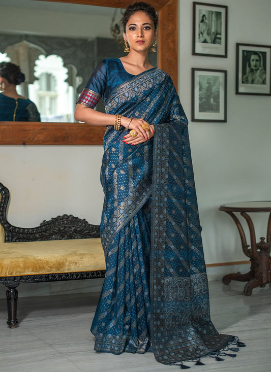 Contemporary Tussar Silk Blue Woven Saree