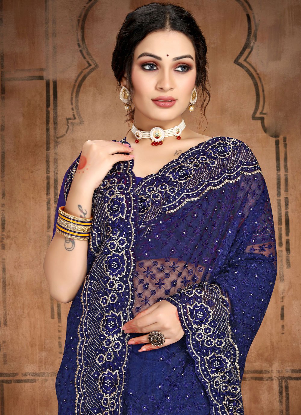 Contemporary Net Blue Diamond Saree