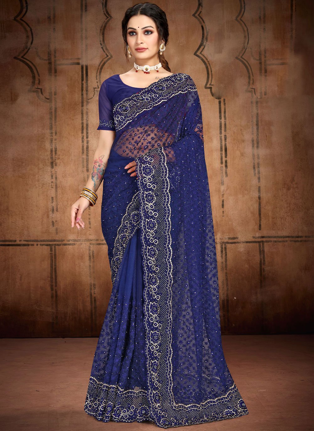 Contemporary Net Blue Diamond Saree