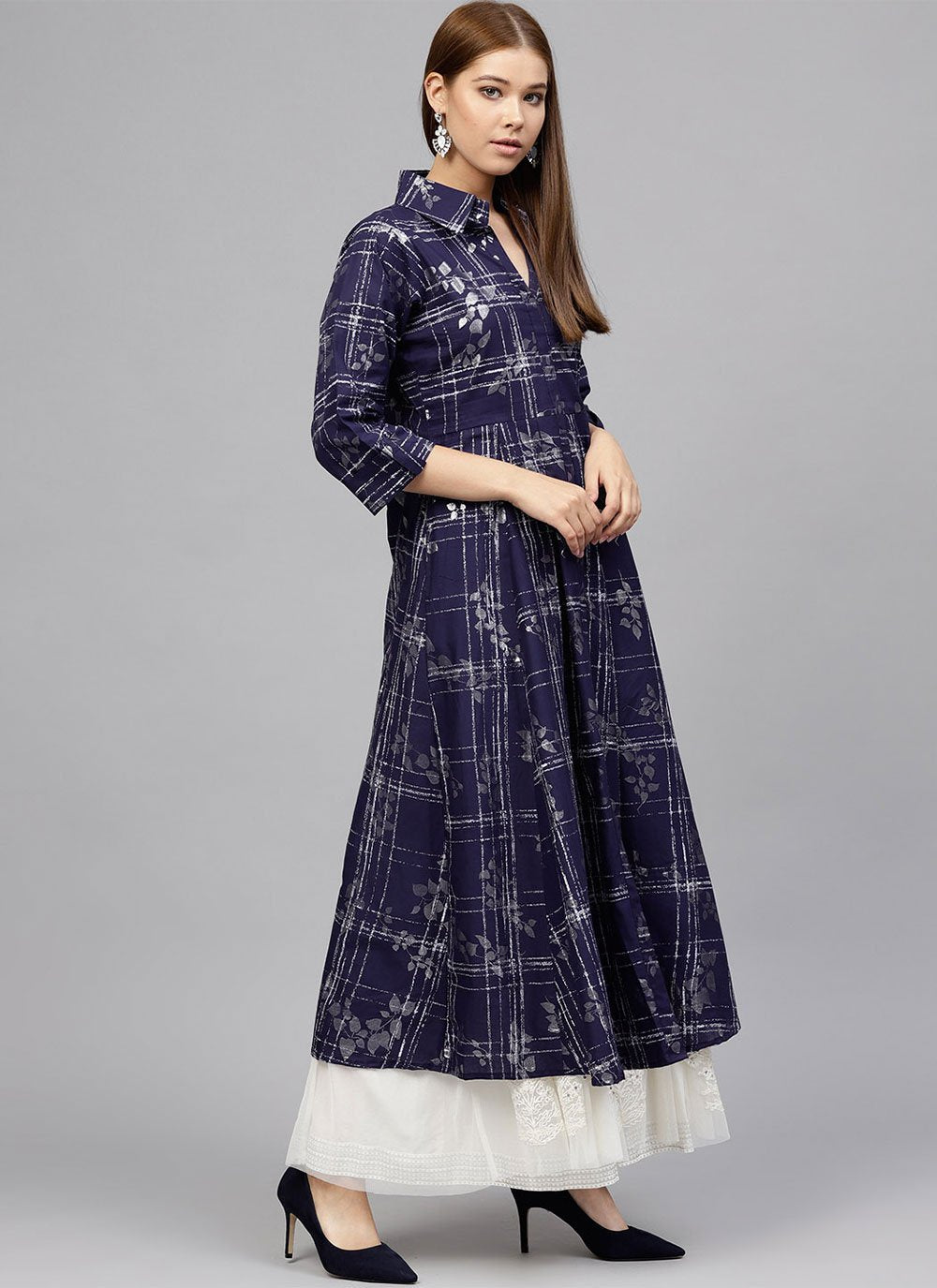 Floor Length Kurti Cotton Blue Print Kurtis