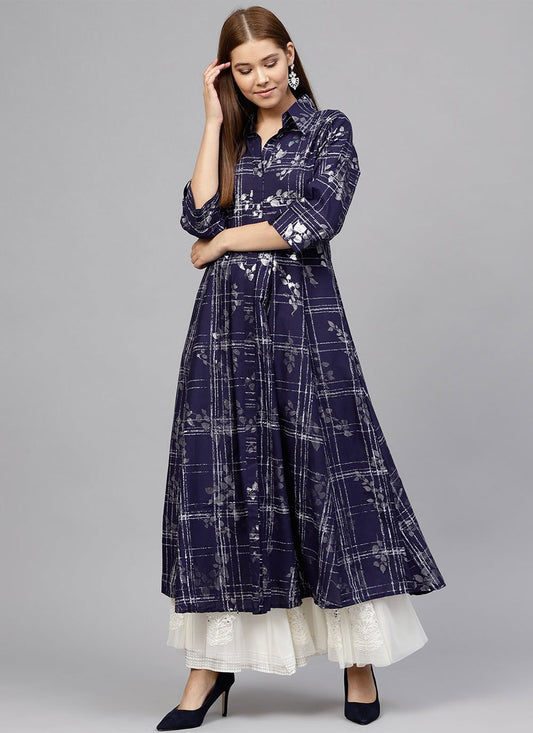 Floor Length Kurti Cotton Blue Print Kurtis