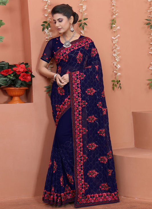 Traditional Saree Georgette Blue Embroidered Saree