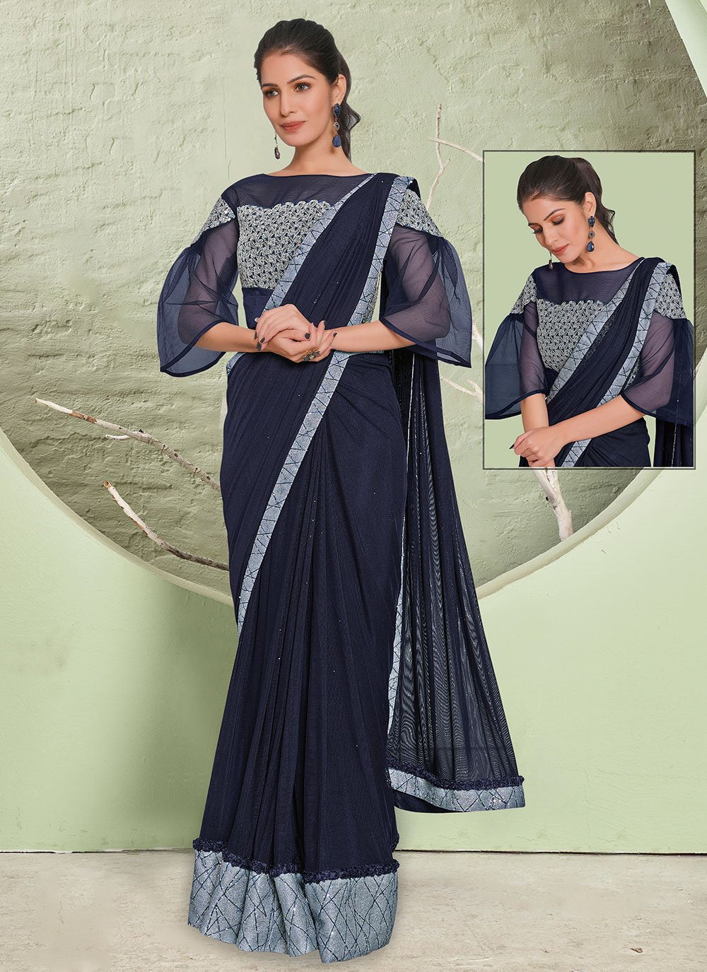 Classic Lycra Shimmer Blue Plain Saree