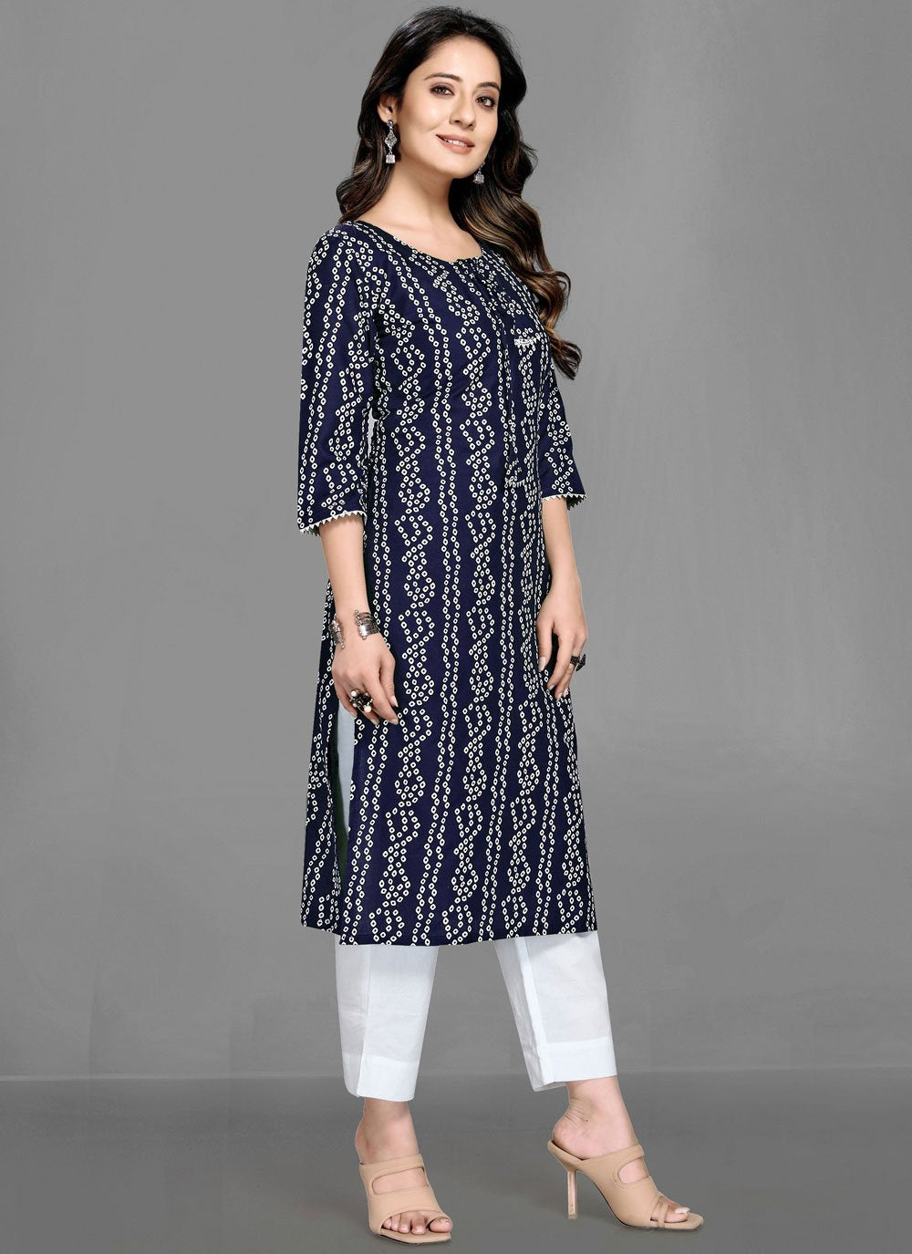 Party Wear Kurti Rayon Blue Bandhej Kurtis