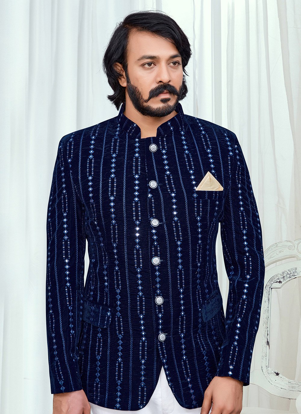 Jodhpuri Suit Velvet Blue Embroidered Mens