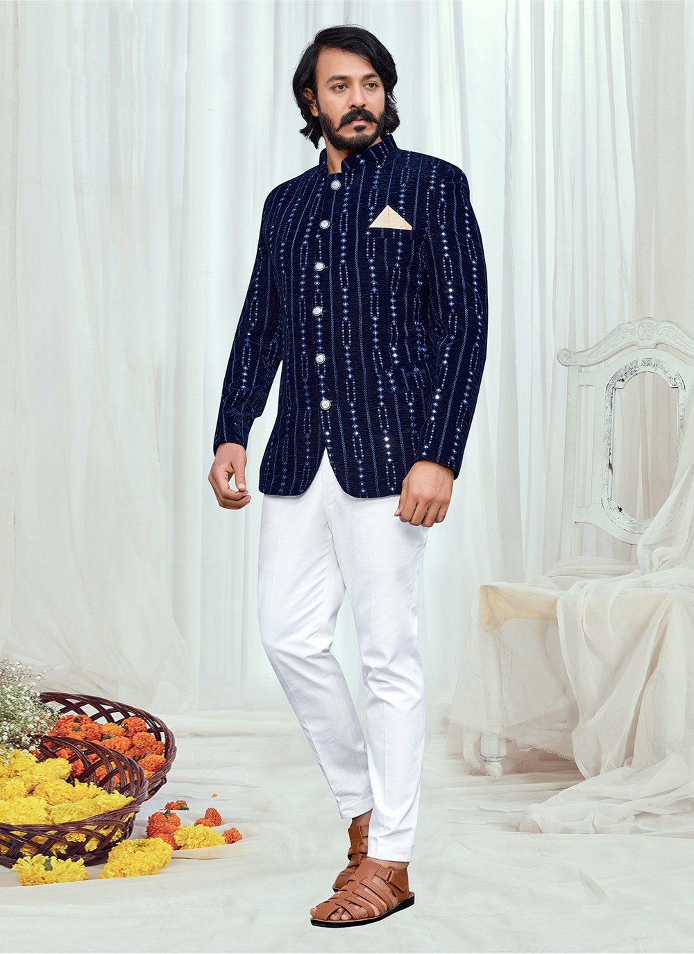 Jodhpuri Suit Velvet Blue Embroidered Mens