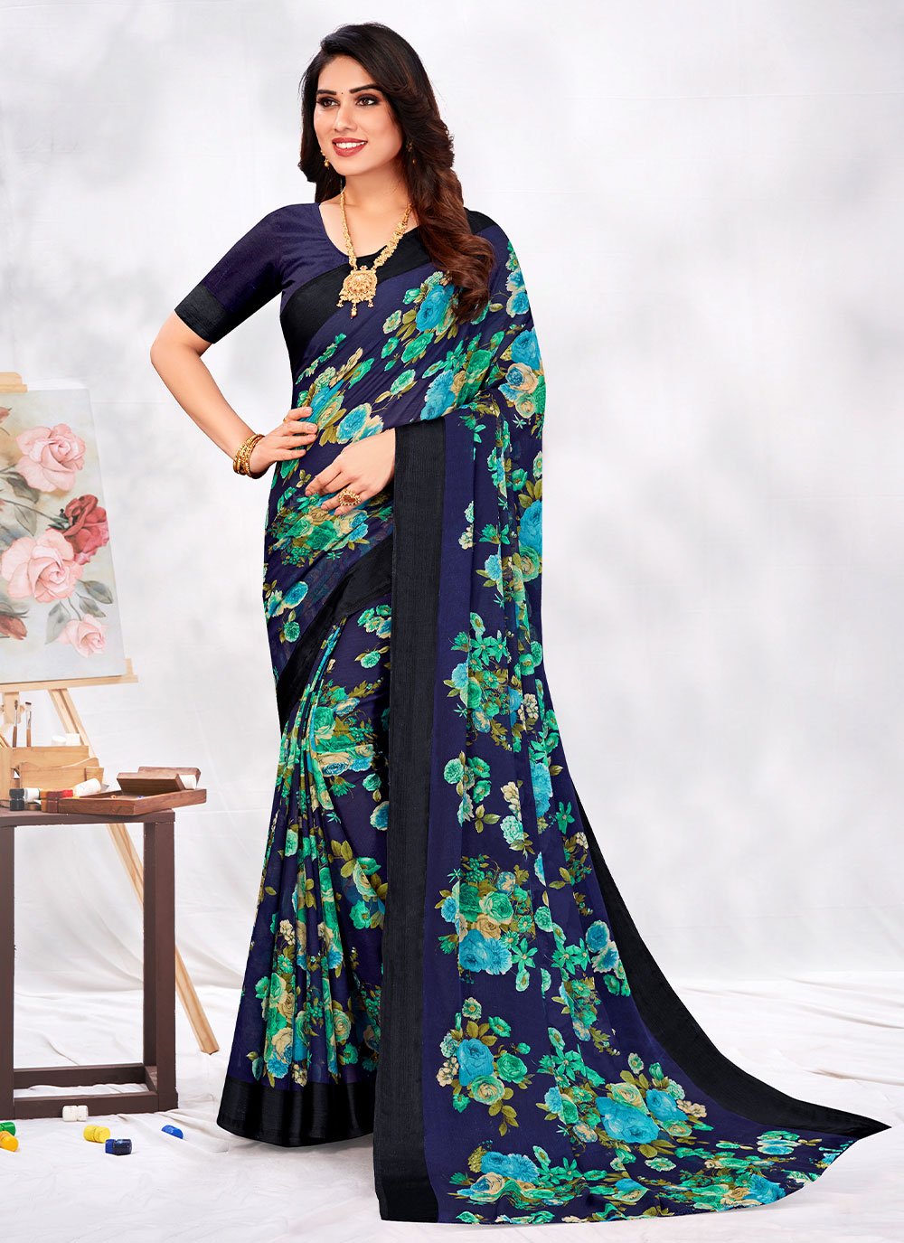 Classic Chiffon Blue Floral Patch Saree