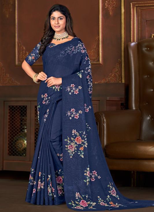 Designer Linen Blue Floral Patch Saree