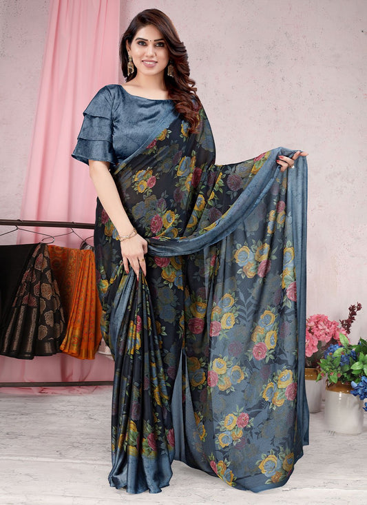 Classic Chiffon Blue Floral Patch Saree