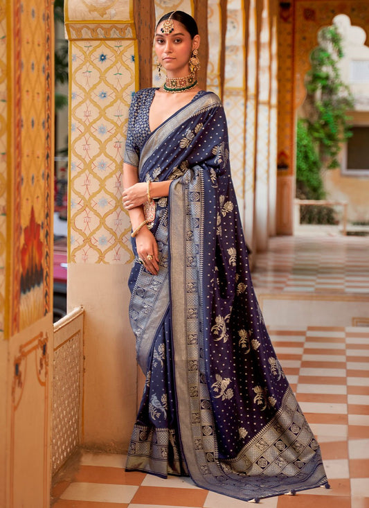 Classic Silk Blue Foil Print Saree