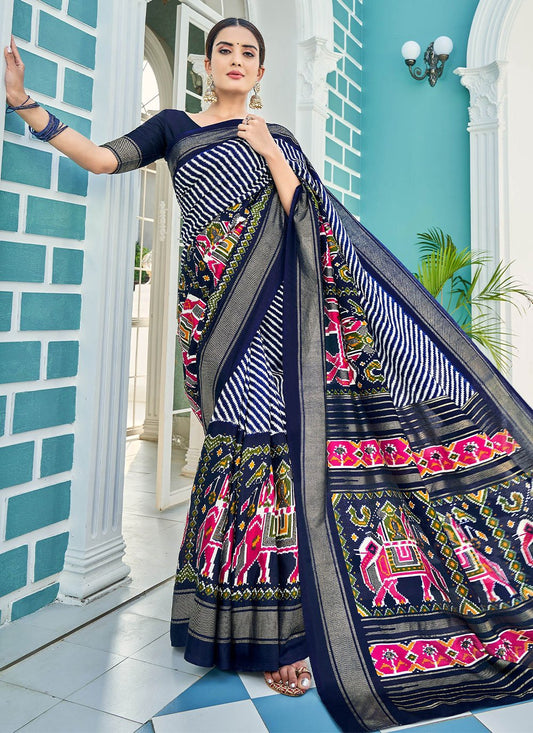 Classic Silk Blue Foil Print Saree