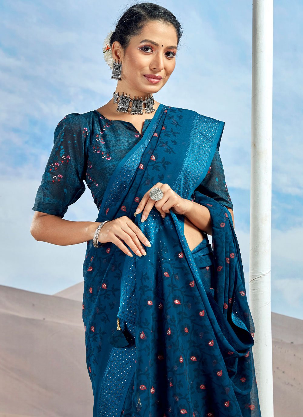 Classic Foil Georgette Blue Patch Border Saree