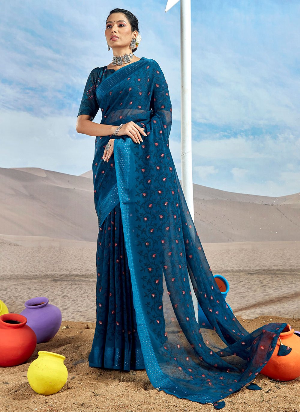 Classic Foil Georgette Blue Patch Border Saree