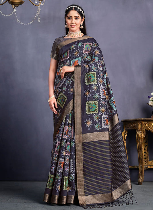 Designer Tussar Silk Blue Geometric Print Saree