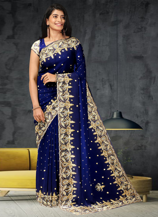 Classic Georgette Blue Hand Work Saree