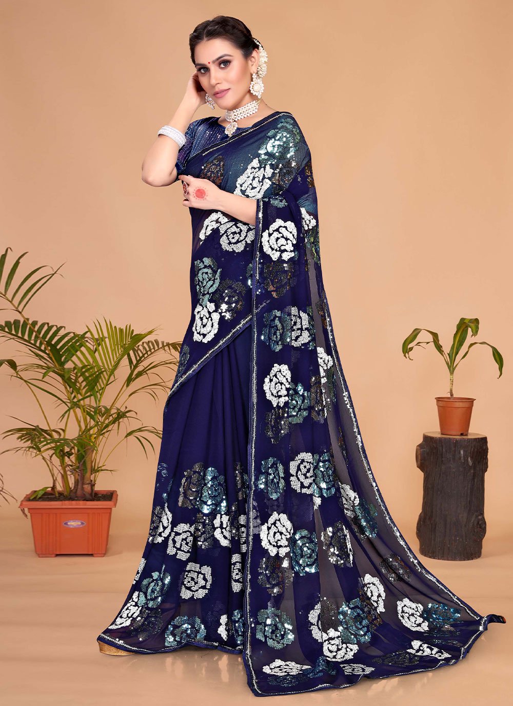 Classic Georgette Blue Embroidered Saree