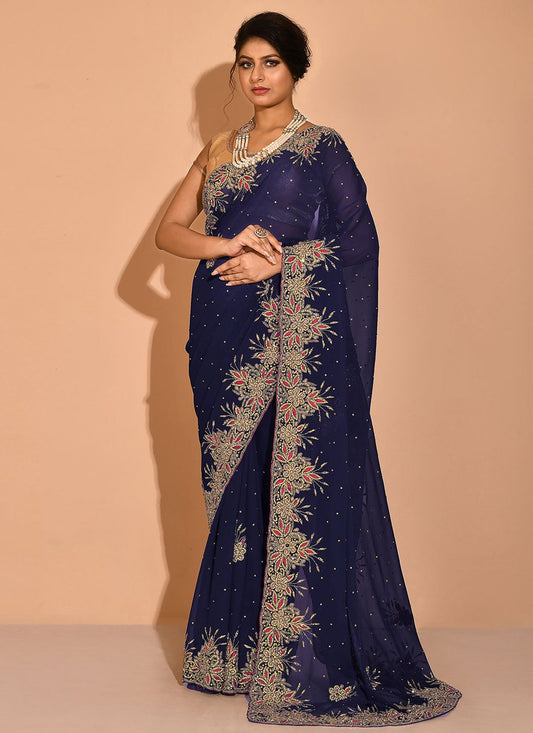 Contemporary Georgette Blue Hand Work Saree