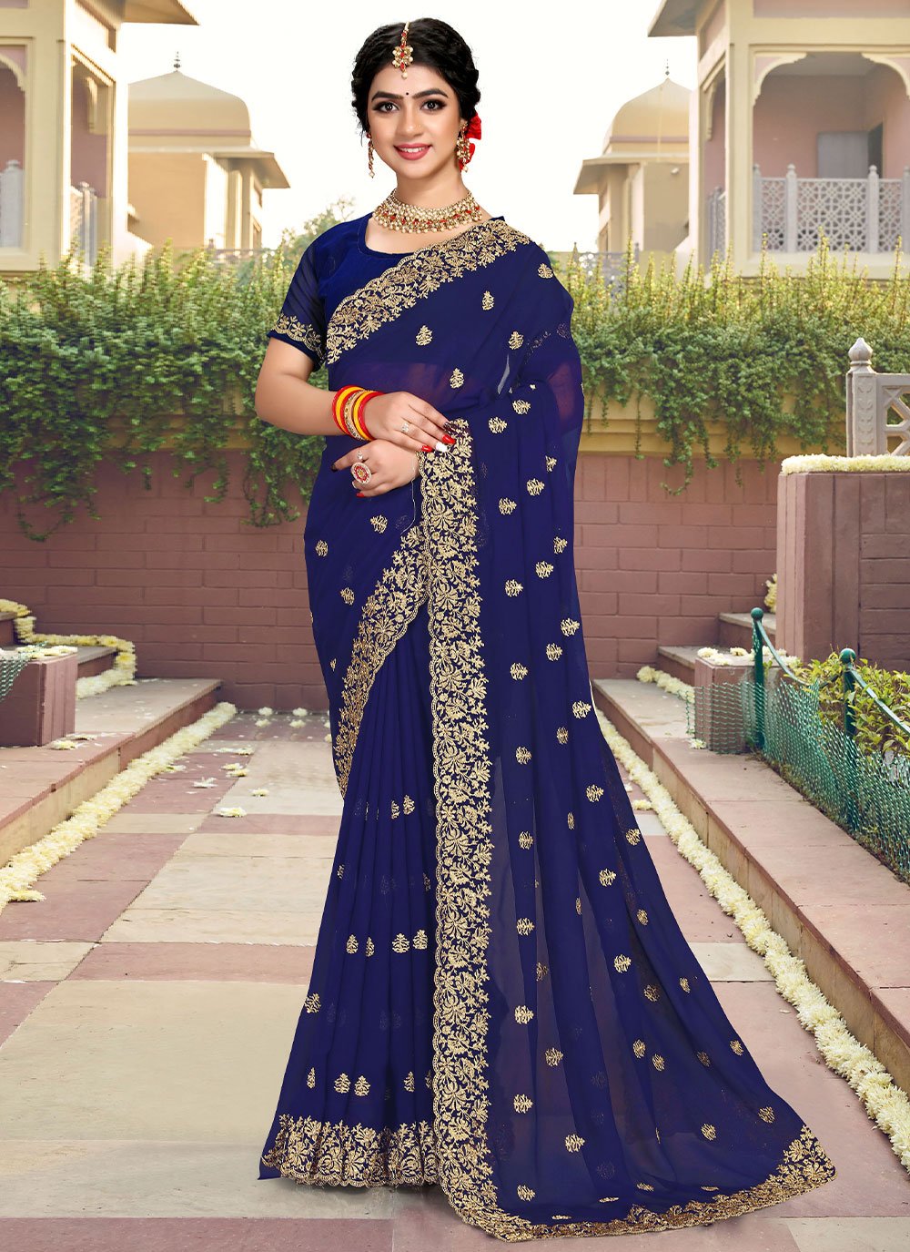 Contemporary Georgette Blue Embroidered Saree