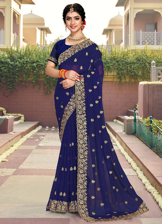 Contemporary Georgette Blue Embroidered Saree