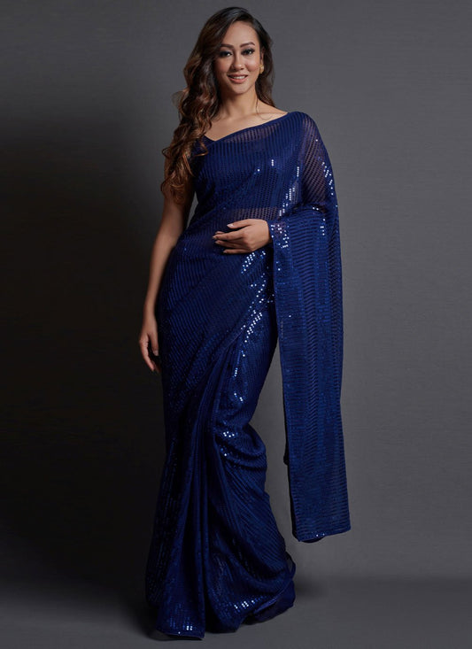 Contemporary Georgette Silk Blue Embroidered Saree