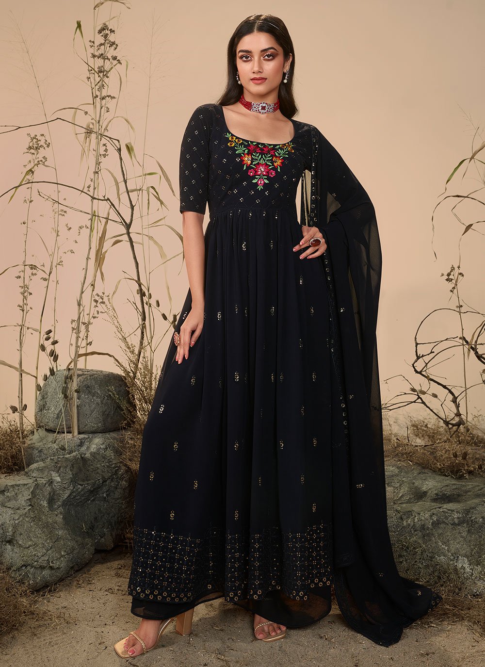 Salwar Suit Georgette Blue Embroidered Salwar Kameez