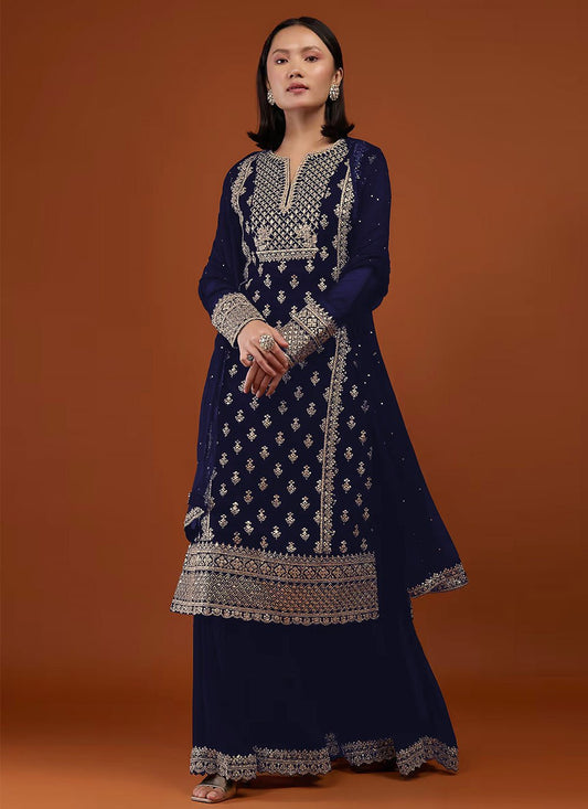 Floor Lenght Salwar Suit Georgette Blue Embroidered Salwar Kameez