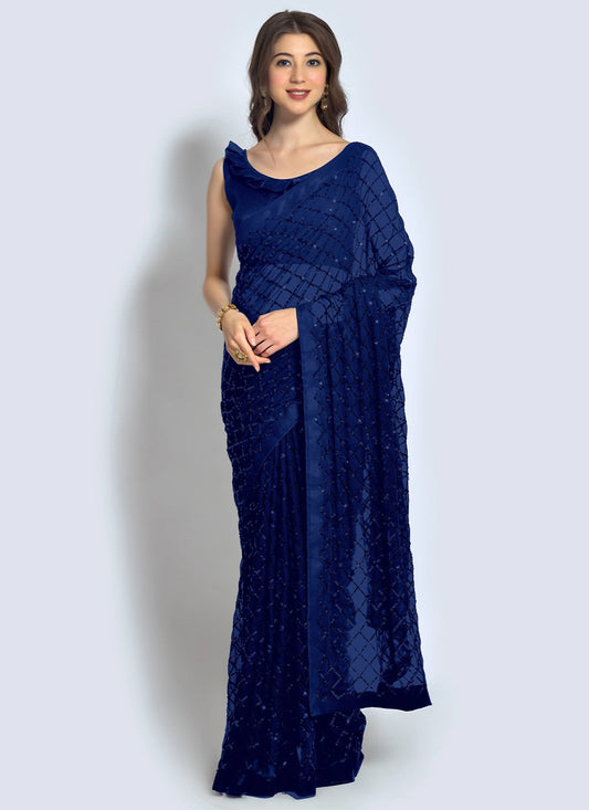 Classic Georgette Blue Sequins Saree