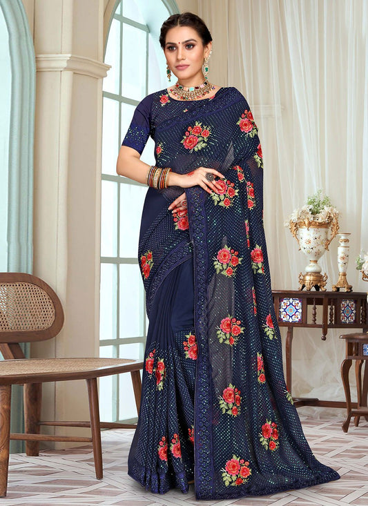 Classic Georgette Blue Embroidered Saree