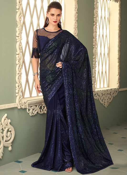 Classic Georgette Blue Embroidered Saree