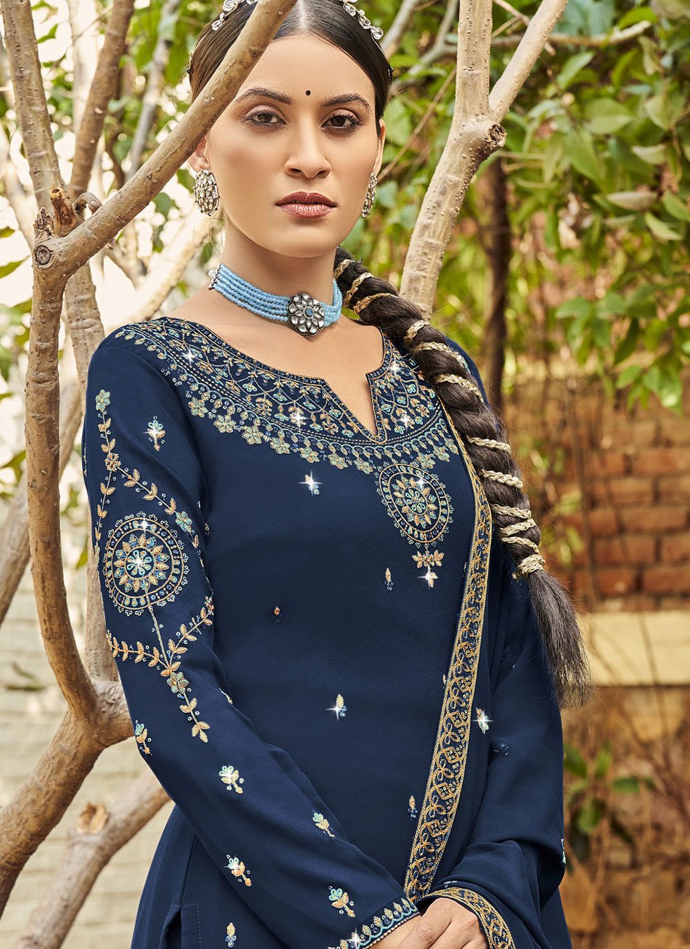 Salwar Suit Georgette Satin Blue Diamond Salwar Kameez