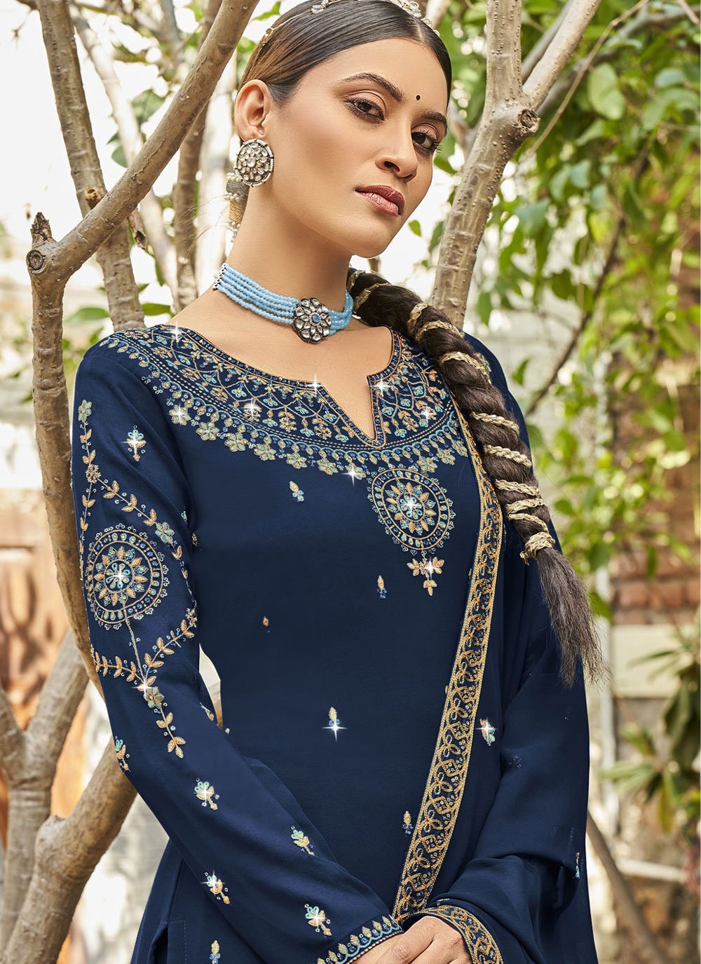 Salwar Suit Georgette Satin Blue Diamond Salwar Kameez