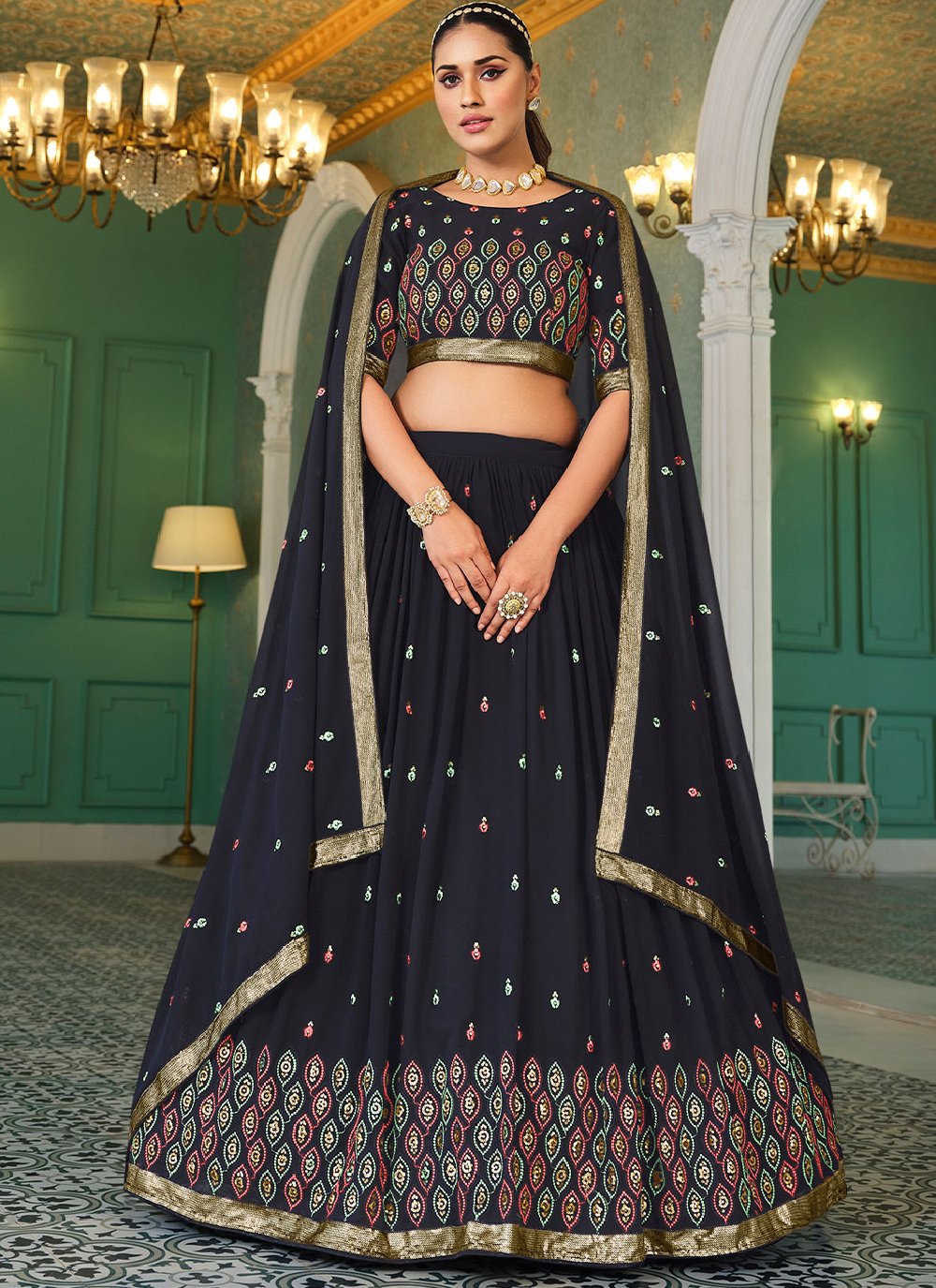 A Line Lehenga Georgette Blue Embroidered Lehenga Choli