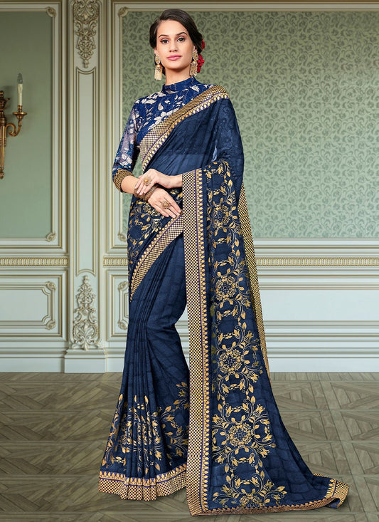 Traditional Saree Georgette Blue Foil Print Saree